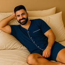 Men's Short Summer Open Button Pajamas - Navy Blue - View 4
