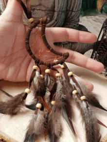 1pc Moon & Crescent Dreamcatcher Pendant Decor With Feathers, Romantic Gift For Girls, Suitable For Car, Room, Home, Wedding Party Decoration (Feathers Are Artificial) - Moon - View 5