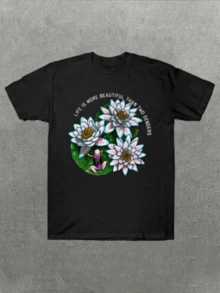 Women's Casual T-Shirt With Lotus Flower And Frog Graphic, Comfortable And Soft Short-Sleeved T-Shirt, 100% Cotton, 220 G, Ideal For Spring And Summer, Unisex.