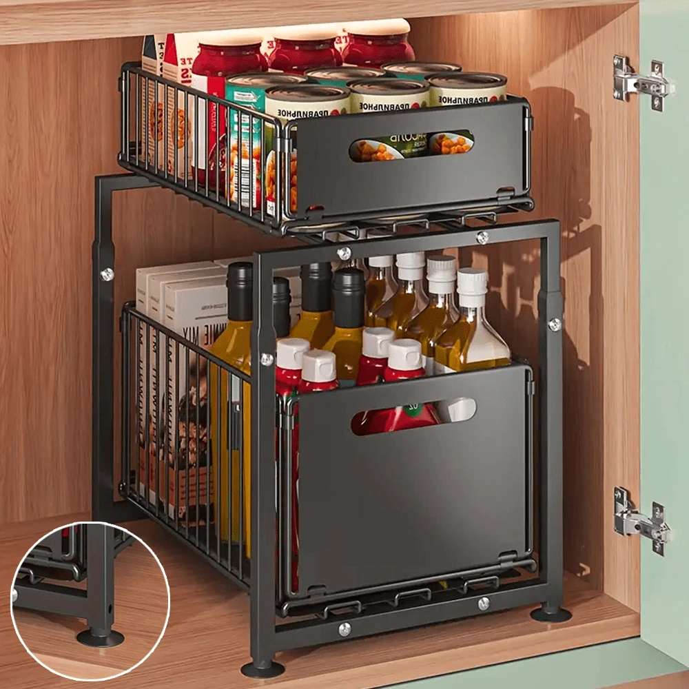 Lislark 2-Tier Pull Out Basket Under Sink Kitchen Cupboard Organiser Drawer Storage Rack Black - Black - View 1