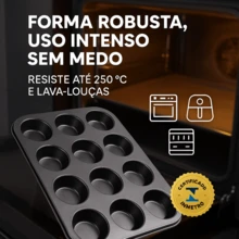 Forma para 12 Cupcakes Em Aço Carbono com antiaderente 35 x 26 x 3 Cm - Preto - Visão 4