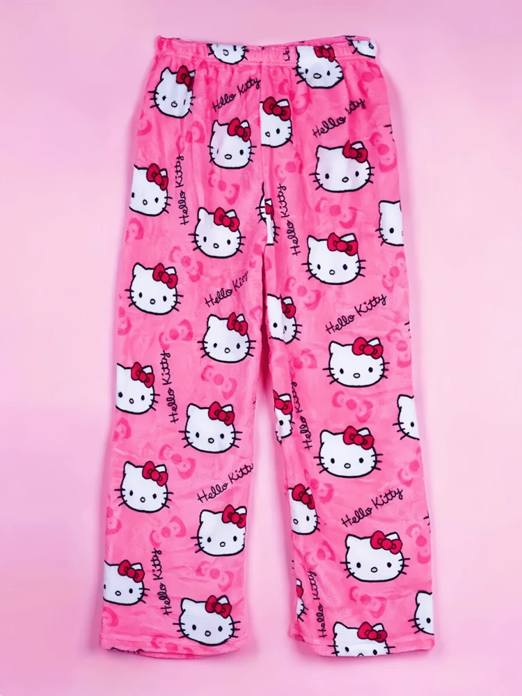 Sanrio Pantalon molletonné à imprimé Hello chat pour femmes grandes tailles, doux, chaud, douillet, kawaii, convient à tous les âges, automne/hiver