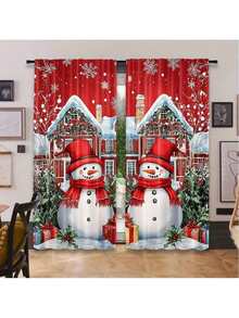 2PCS Christmas Curtains, Red Snowman And Winter Hut Pattern Curtains -100% Polyester Fiber Rod Bag Curtains, Suitable For Living Room And Bedroom, Machine Washable, Holiday Home Decoration, Durable Polyester Material, Happy Holiday Atmosphere