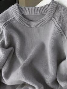 Women's Solid Color Minimalist Round Neck Long Sleeve Soft & Cozy Knit Sweater - Grey - View 3