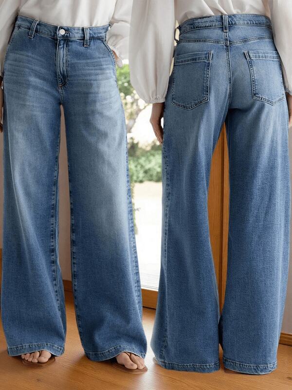 Women's New Loose Fit High Waist Flare Leg Light Blue Jeans, Casual Straight Leg Trousers, Suitable For Autumn/Winter