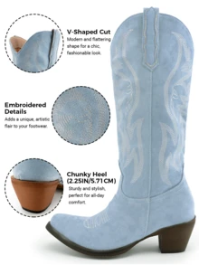 Women's Sky Blue Wide Calf Cowboy Boots, Faux Suede Embroidered Pointed Toe, Chunky High Heel, Western Style Cowgirl Mid-Calf Boots  For Halloween Party Vacation - 天藍色 - 查看 5