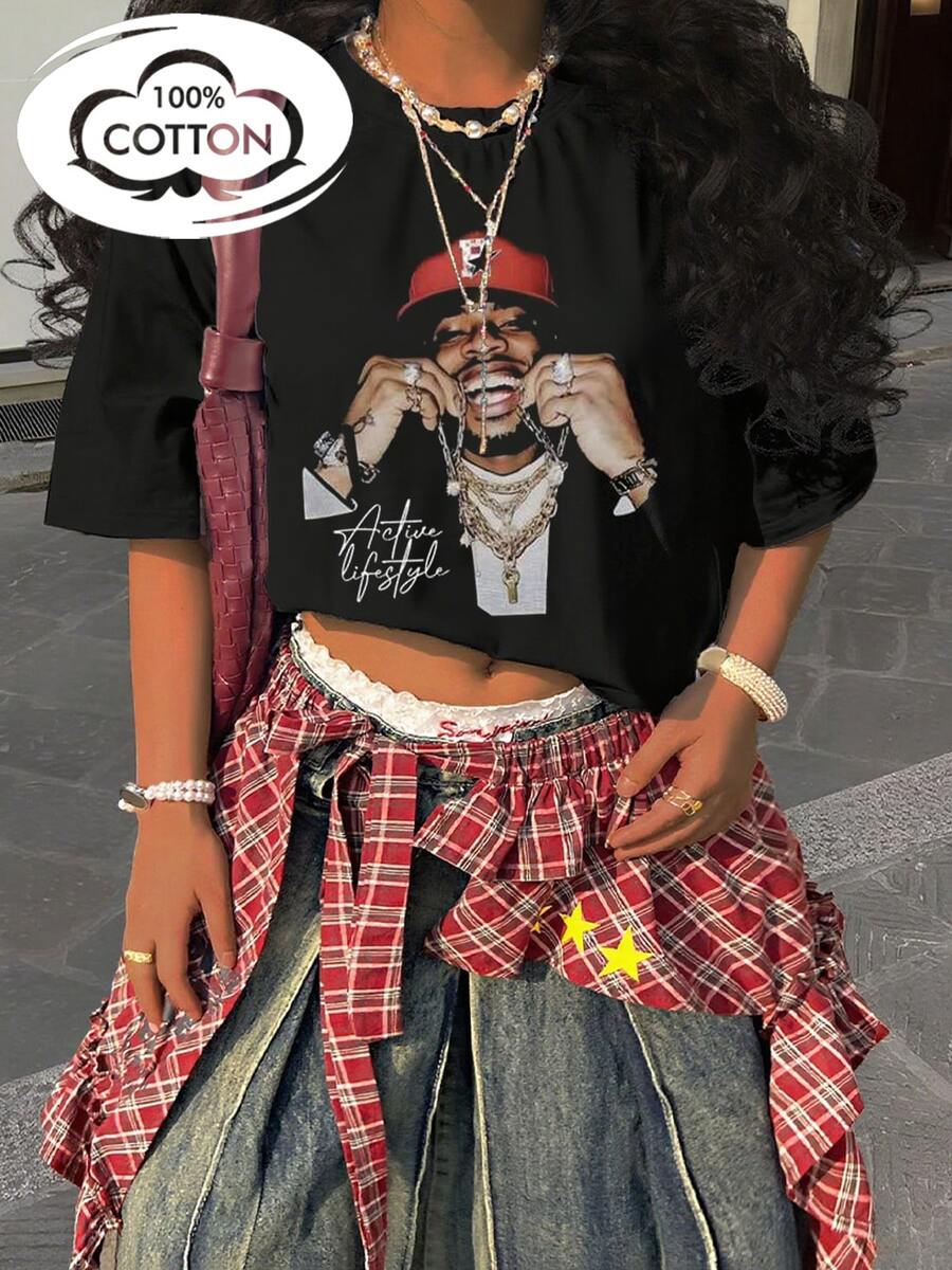 Tween Girl Cotten Clothes,Y2K-Inspired Letter Print T-Shirt - Casual Crew Neck, Short Sleeve, Machine Washable - Perfect For Spring/Summer/Fall,Fashion, Streetwear, Unisex, Men, Women - 黑色 - 查看 1