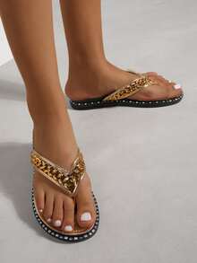 Women Metallic Chain Decor Slippers, Punk Toe Post Flip Flops - Gold - View 3