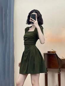 Temperamento de cuello cuadrado nuevo diseño de nicho en forma de pera, vestido dulce, picante y puro, niños vestidos de negro de verano - Verde - Ver 2