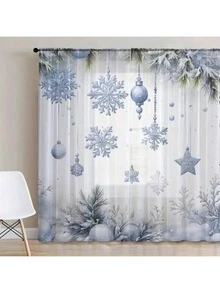 2PCS Gorgeous Style Christmas Snowflake Sheer Curtains, Polyester Fiber Curtains, Machine Washable, Pole Bag Hanging, Suitable For Living Rooms, Bedrooms, Various Rooms