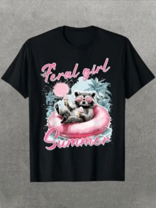 Women's Casual T-Shirt With Feral Girl Summer Raccoon Print Comfortable And Soft Short-Sleeved T-Shirt, 100% Cotton, 220 G, Ideal For Spring And Summer, Unisex.