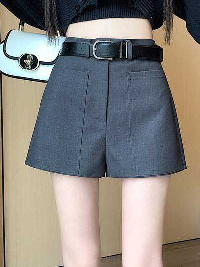 Gris traje corto de las mujeres otoño e invierno las mujeres de cintura alta delgada a-line pantalones de pierna ancha falda pantalones de arranque de fondo