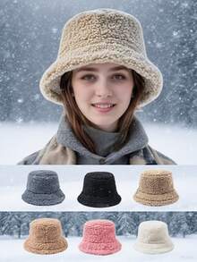 Bucket Hat - Lamb Wool Fluffy Hat, Solid Color Wide Brim Hat, Autumn/Winter Fluffy Hat, Fluffy Hat, Unisex Bucket Hat Autumn Decor