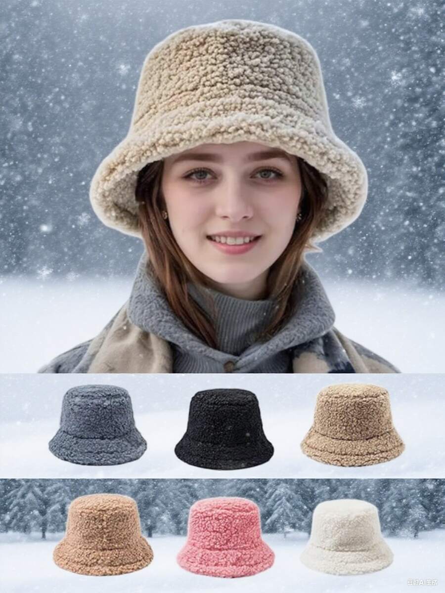 Bucket Hat - Lamb Wool Fluffy Hat, Solid Color Wide Brim Hat, Autumn/Winter Fluffy Hat, Fluffy Hat, Unisex Bucket Hat Autumn Decor