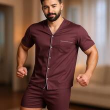 Men's Short Summer Open Button Pajamas - Granate - Ver 1