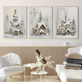 1/3 Panel Winter Wonderland Canvas Wall Art - Snowy Trees & Warm Window Light, Optional Wooden Frame, Living Room, Bedroom, Christmas Decor, Bedroom Art, Fine Art, Christmas Decoration, Home Christmas Decor