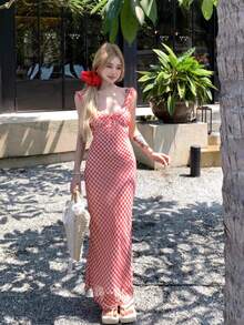 Verano nuevo dulce francés rojo celosía halter vestido de los niños de vacaciones estilo fishtail falda larga - Rojo - Ver 6