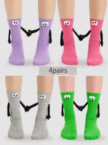 4 Pairs Creative Magnetic Couple Socks - Fun Cartoon Design, Unisex All-Season Casual Ankle Socks, Fashionable Matching Pair, Perfect Holiday Gift - 4pairs - View 1