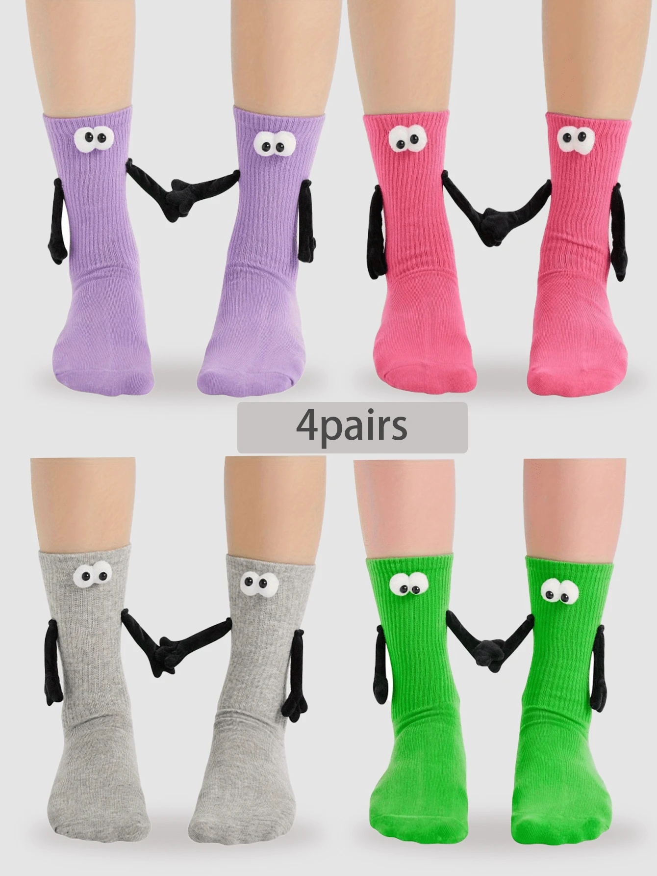 4 Pairs Creative Magnetic Couple Socks - Fun Cartoon Design, Unisex All-Season Casual Ankle Socks, Fashionable Matching Pair, Perfect Holiday Gift - 4pairs - View 1