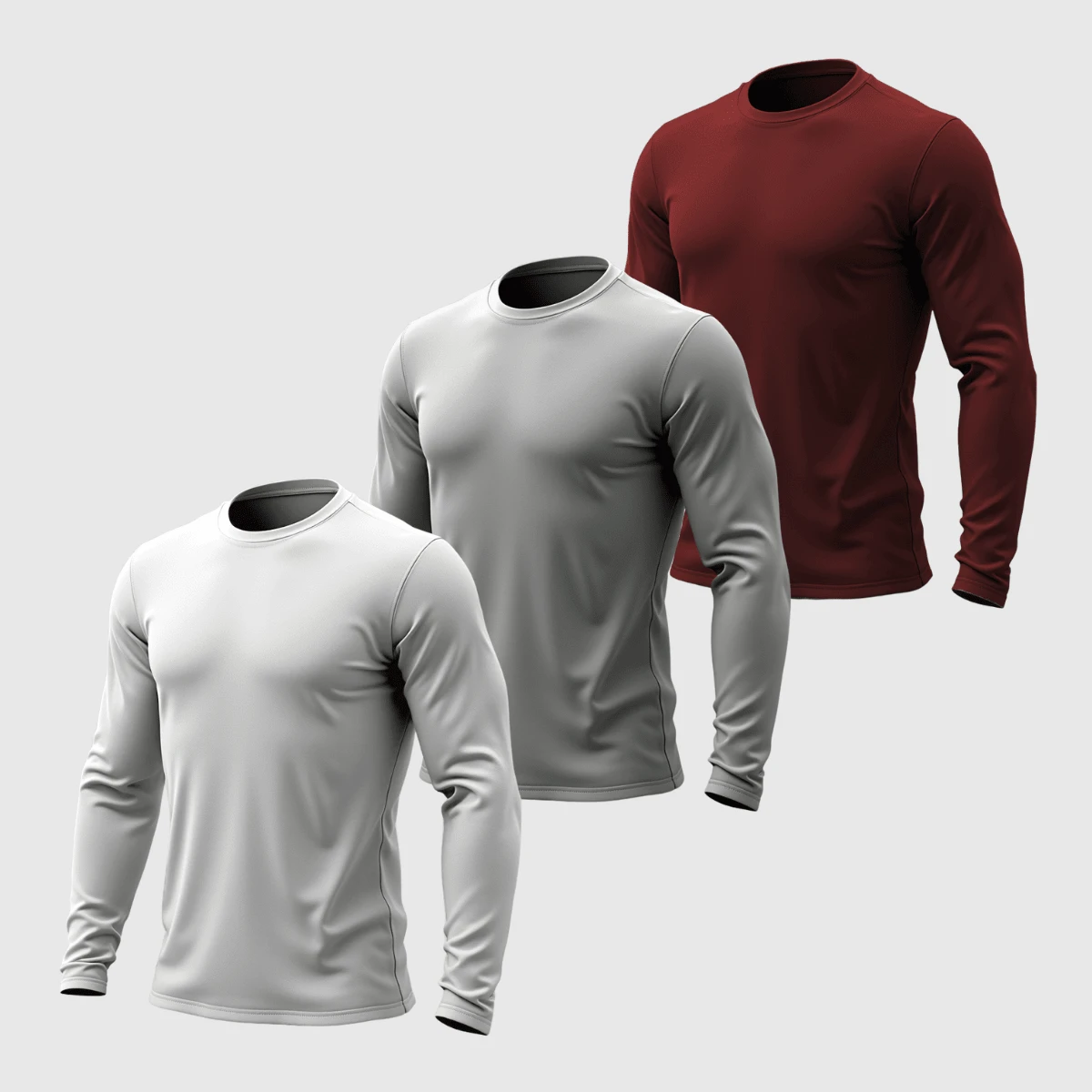 Kit 03 Men's Long Sleeve T-Shirt, Plain Cotton, Basic, Round Neck - 白灰葡萄酒 - 查看 1