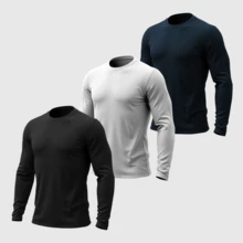 Kit 03 Men's Long Sleeve T-Shirt, Plain Cotton, Basic, Round Neck - 黑色 白色 藍色 - 查看 1