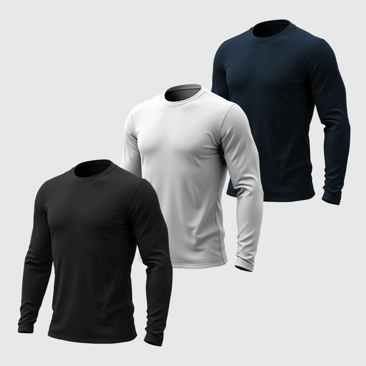 Kit 03 Men's Long Sleeve T-Shirt, Plain Cotton, Basic, Round Neck - 黑色 白色 藍色 - 查看 1