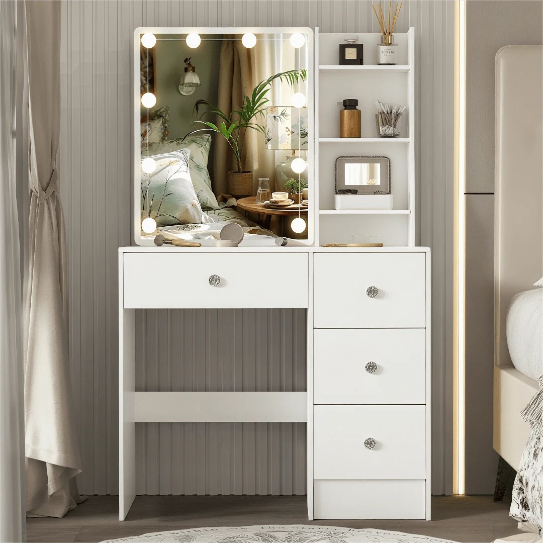 Vanity Desk With Lighted Mirror And Storage, 10 Lights Sliding LED Makeup Vanity Mirror 3 Color Modes And Brightness Adjustable, 4 Drawers Storage Vanity Table For Bedroom(White) - White - View 1