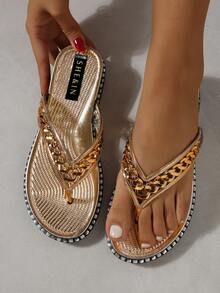 Women Metallic Chain Decor Slippers, Punk Toe Post Flip Flops - Gold - View 1
