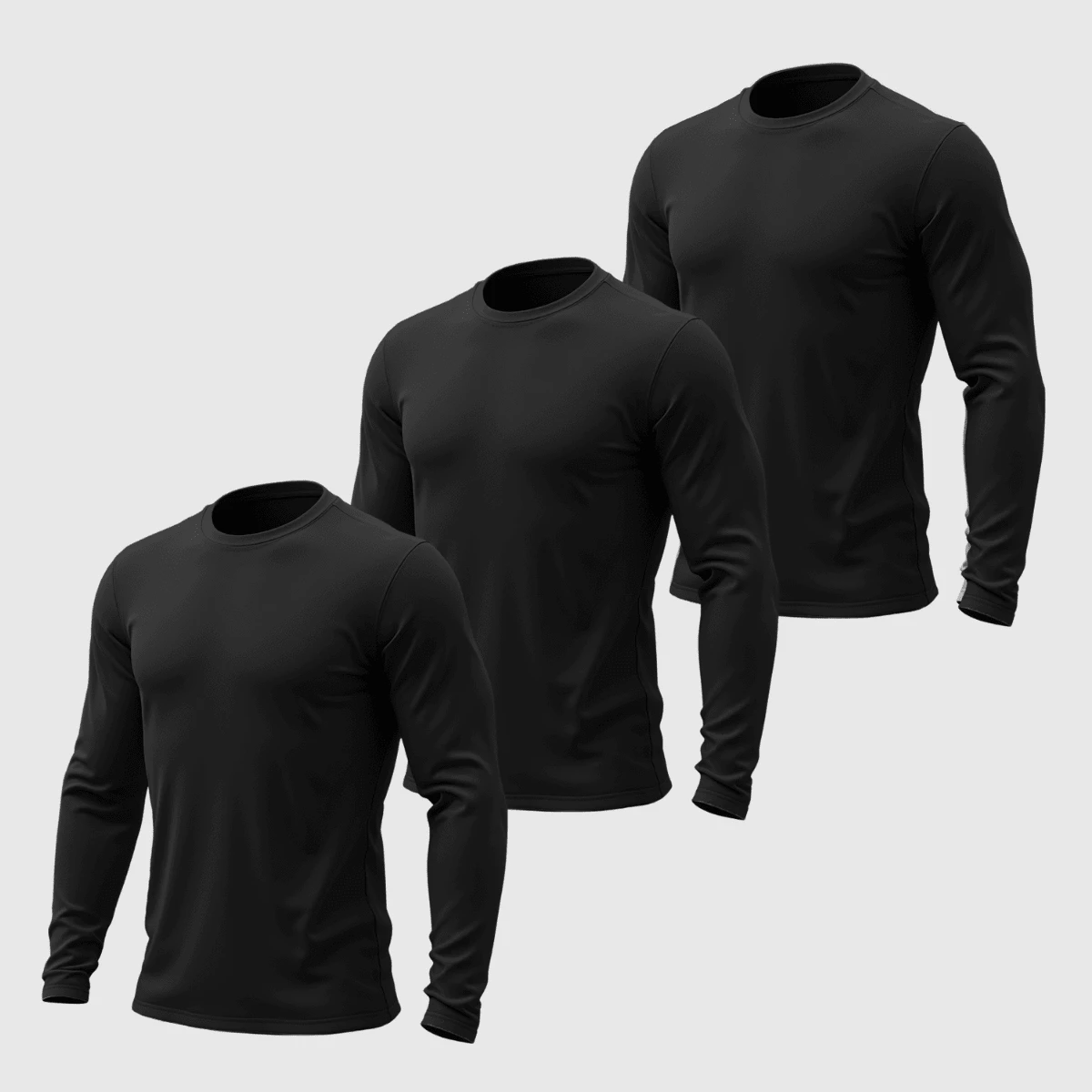Kit 03 Men's Long Sleeve T-Shirt, Plain Cotton, Basic, Round Neck - Black - View 1