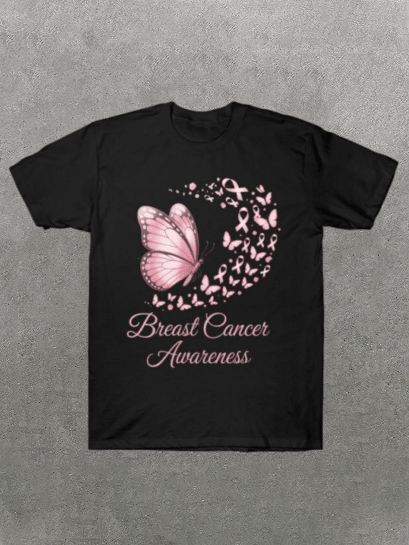 Women's Casual T-Shirt With Breast Cancer Awareness Pink Butterfly Graphic Comfortable And Soft Short-Sleeved T-Shirt, 100% Cotton, 220 G, Ideal For Spring And Summer, Unisex.