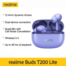 Realme Buds T200 Lite，真无线入耳式耳机，12.4mm动圈单元，长达48小时续航，45毫秒延迟，降噪(ENC)，无线5.4，圣诞礼物/赠品