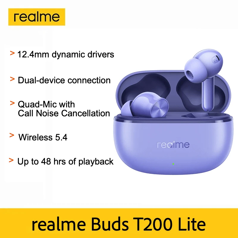 Realme Buds T200 Lite, True Wireless In-Ear Kopfhörer, 12,4 mm Dynamiktreiber, bis zu 48 Std. Akkulaufzeit, 45 ms Latenz, Geräuschunterdrückung (ENC), Wireless 5.4, Weihnachtsgeschenke