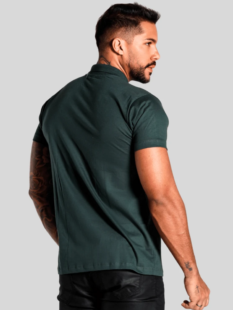 Camiseta Gola Polo Manga Curta Camiseta 100% Algodão Puro Tamanho P ao G3 Estilo casual minimalista Plus Size Slim Premium Confortável Primavera Verão Masculina - Verde Militar - Visão 2