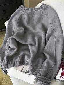 Women's Solid Color Minimalist Round Neck Long Sleeve Soft & Cozy Knit Sweater - Grey - View 2