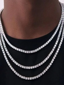 1条嘻哈风格镶钻方形爪链项链，适合男士日常佩戴 - 銀色 - 查看 1