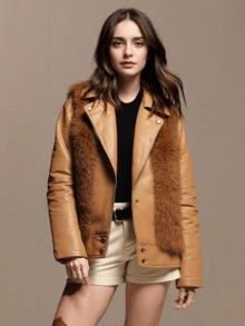 Women's Leather Jacket Simple Casual Zipper Pocket Button Evening Daily - 棕色 - 查看 3
