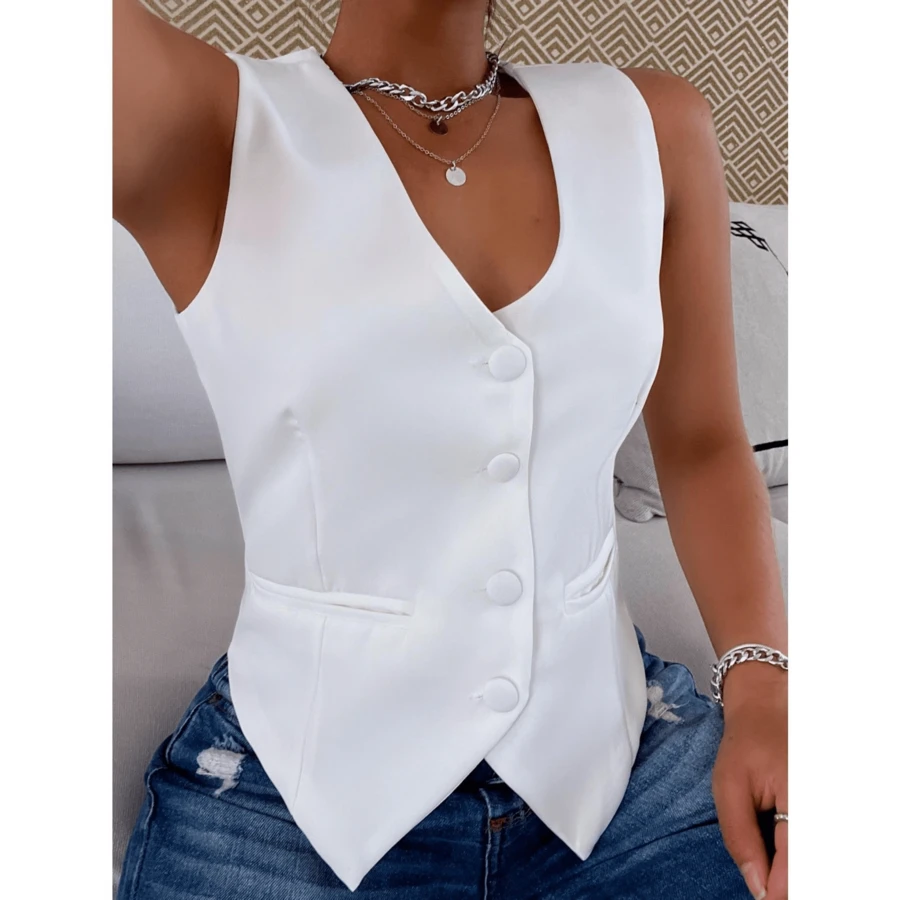 Women's Vest With Button - 白色 - 查看 1