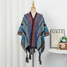 1pc Women's Fashion Multi-Color Wavy Pattern Bohemian Style Knitted Windproof Warm Tassel Shawl Poncho, Suitable For Daily, Travel, Shopping Outfit