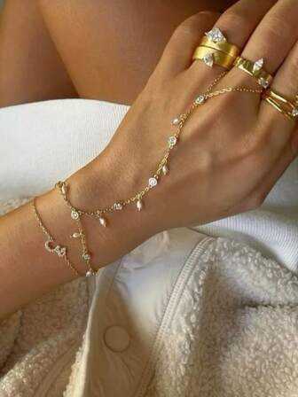 1pc Elegant Faux Pearl & Cubic Zirconia Finger Chain Bracelet, Suitable For Women's Daily Wear, Dates, Parties, Banquets, Holiday Gift