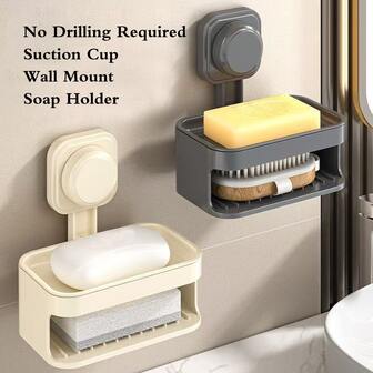 1pc Suction Cup Bathroom Soap Dish, Wall Mounted Soap Holder With Drain Tray, Sponge Holder For Shower Travel Gym Camping Dormitory Accessories, No Need To Drill Sponge Box.