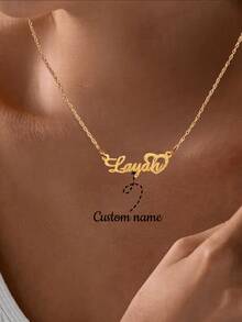 1件定制亮面哑光名字项链，魅力个性化不锈钢心形吊坠项链，适合女性、女孩、情侣、家人、生日、节日、圣诞节礼物，金色，时尚，复古，简约，男女皆宜，休闲