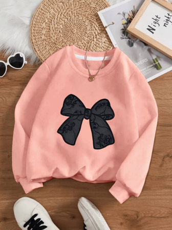Tween Girl Bowknot Print(Pattern)Sweatshirt,Crewneck Sweatshirt For Girl Casual Comfy Fall And Winter Fashion Outfits Cute Clothes.Soft And Machine-Washable, Casual And Fashionable, Suitable For Travel, Party And Campus Wear.Suitable For School, Vacation And Shopping Outfits