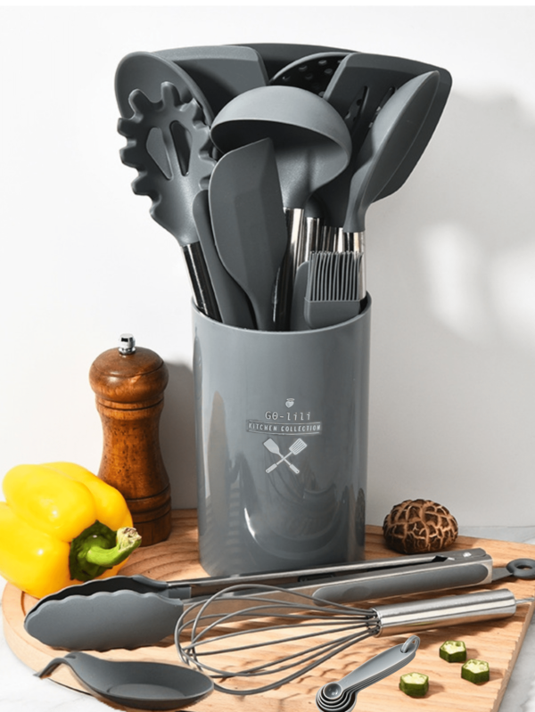 27pcs Steel Handle Silicone Kitchen Utensil Set, Including Non-Stick Spatula, Spoon, Ladle, Strainer, Pasta Server, Measuring Spoons, Scraper, Basting Brush, Stainless Steel Hooks, Whisk, Suitable For Kitchen Baking Cooking Tools, Home, Family Dinner Supplies, Christmas Party Supplies