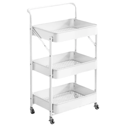 Lislark 3 Tier Metal Folding Trolley Cart Storage Rack Rolling Shelf Beauty Office Wheel(Black/White)