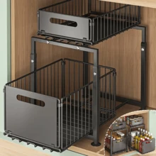 Lislark 2-Tier Pull Out Basket Under Sink Kitchen Cupboard Organiser Drawer Storage Rack Black - Black - View 6