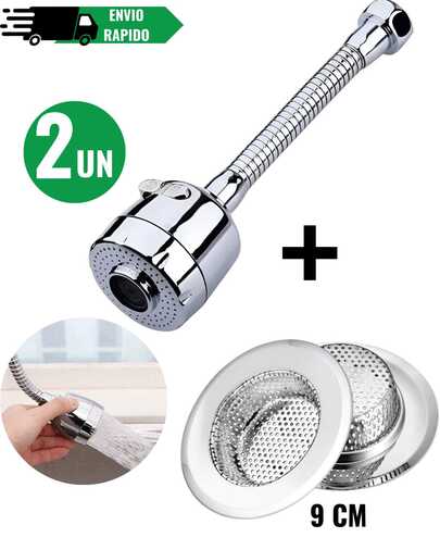 Kit Bico Torneira Extensor Alongador Adaptador Flexível Pias 360 Ralo inox pra pia