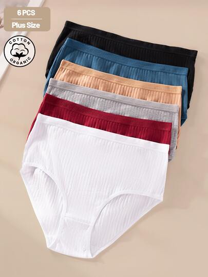 Paquete de 6 bragas de algodón puro acanalado de cintura alta para mujer de talla grande, disponibles en múltiples colores, suaves, cómodas, transpirables, adecuadas para uso diario, ropa interior elástica