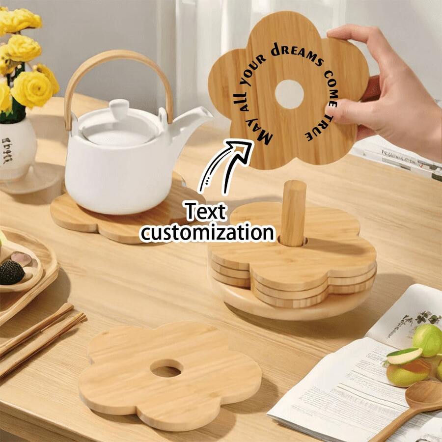 Customized Natural Solid Wood Coaster - Engraved Personalized Blessing Wood Coaster Set, Black Walnut Round Wooden Tea Cup Mat, Creative Kung Fu Tea Set Placemat