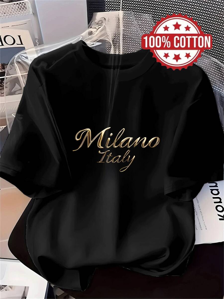 1PC 100% Cotton Milano Italy Gold Letter Print Casual Summer Short Sleeve T-Shirt for Women Fashion Soft Comfortable Tees Tops - Negro - Ver 1