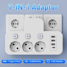 3-AC Outlet & 3-USB & 1-Type-C Port EU Plug Adapter, Multi-Port Wall Charger With Independent Switches, Travel/Home/Office Plug Converter, No Cable, EU Plug Adapter - EU E Type Plug(220-240V) - View 2